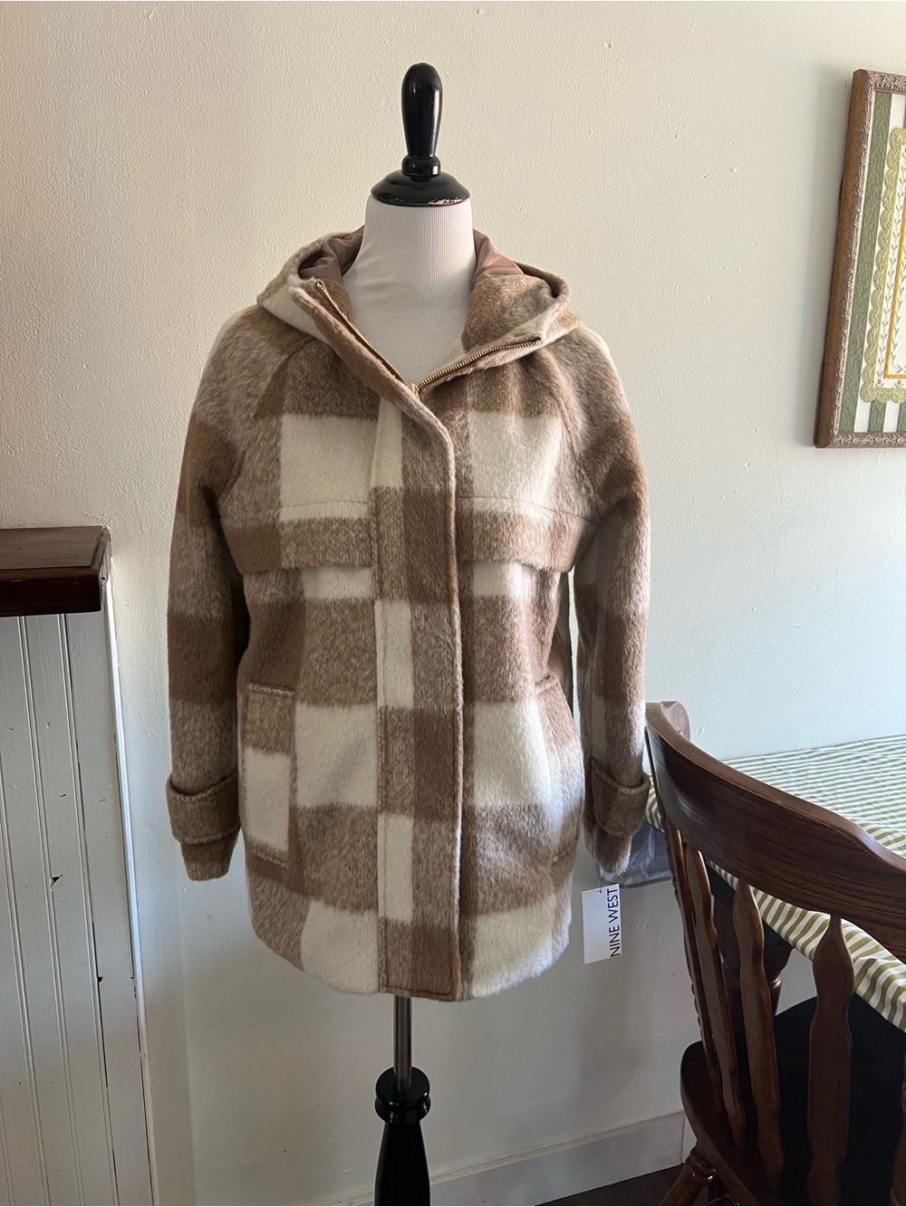 Nine West Beige and Cream Plaid Hooded Pea Coat